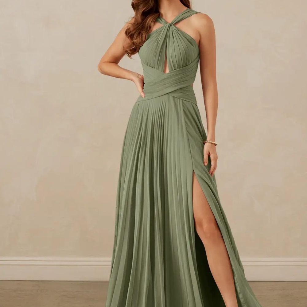 Azazie Olive Green Pleated Halter Wedding Dress